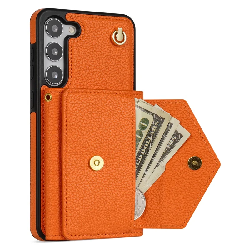 For Samsung Galaxy S24 Cell Phone Case Card Holder Leather+TPU Back Cover with Long Strap - Orange
