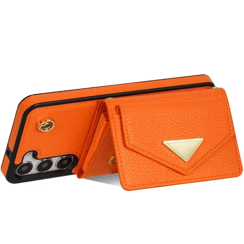 For Samsung Galaxy S24 Cell Phone Case Card Holder Leather+TPU Back Cover with Long Strap - Orange