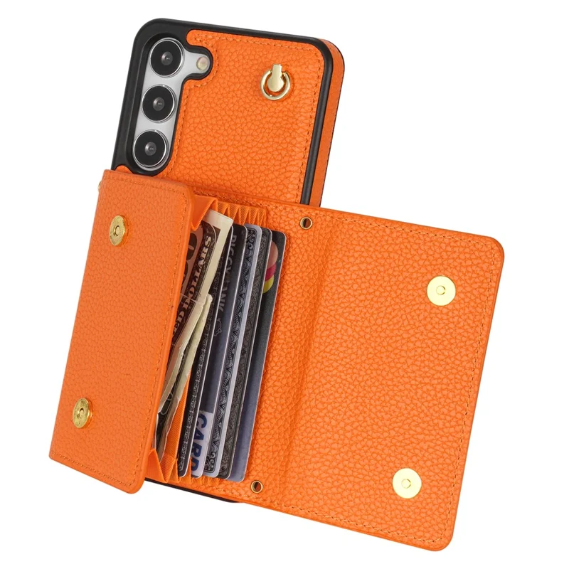 For Samsung Galaxy S24 Cell Phone Case Card Holder Leather+TPU Back Cover with Long Strap - Orange