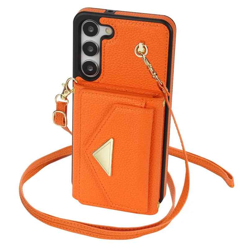 For Samsung Galaxy S24 Cell Phone Case Card Holder Leather+TPU Back Cover with Long Strap - Orange
