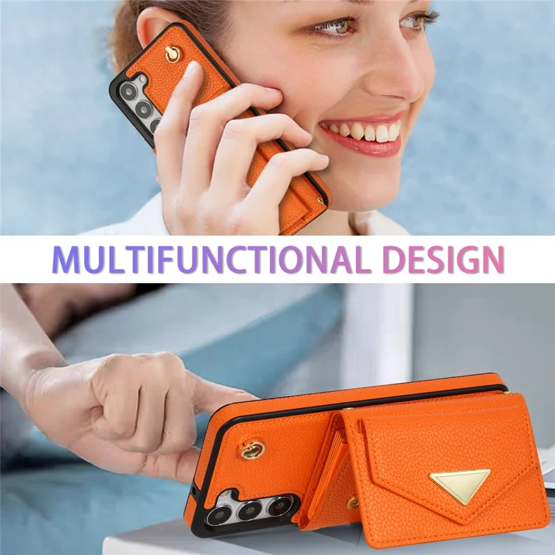 For Samsung Galaxy S24 Cell Phone Case Card Holder Leather+TPU Back Cover with Long Strap - Orange