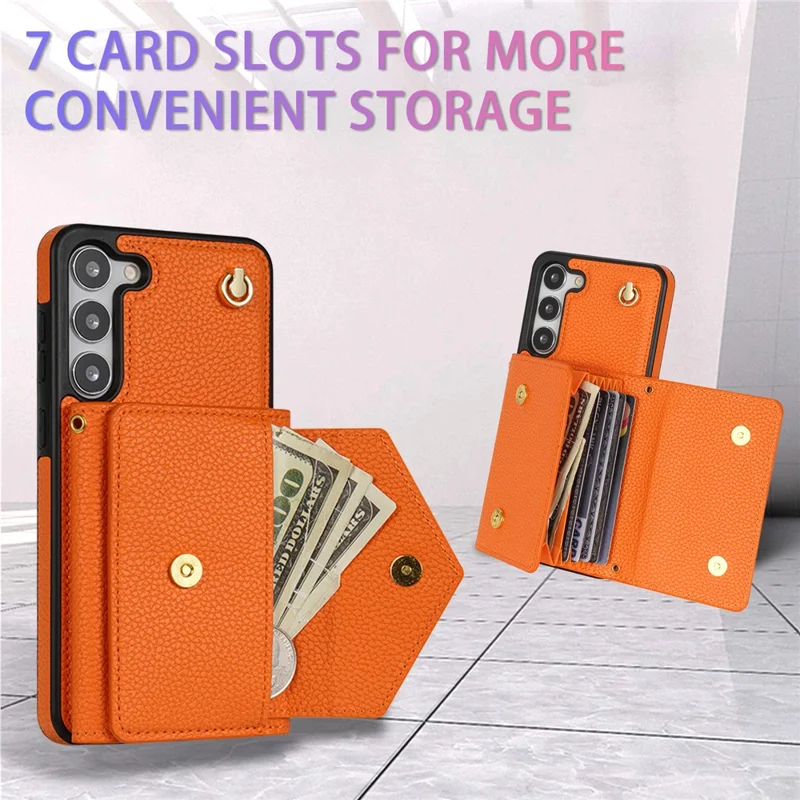 For Samsung Galaxy S24 Cell Phone Case Card Holder Leather+TPU Back Cover with Long Strap - Orange