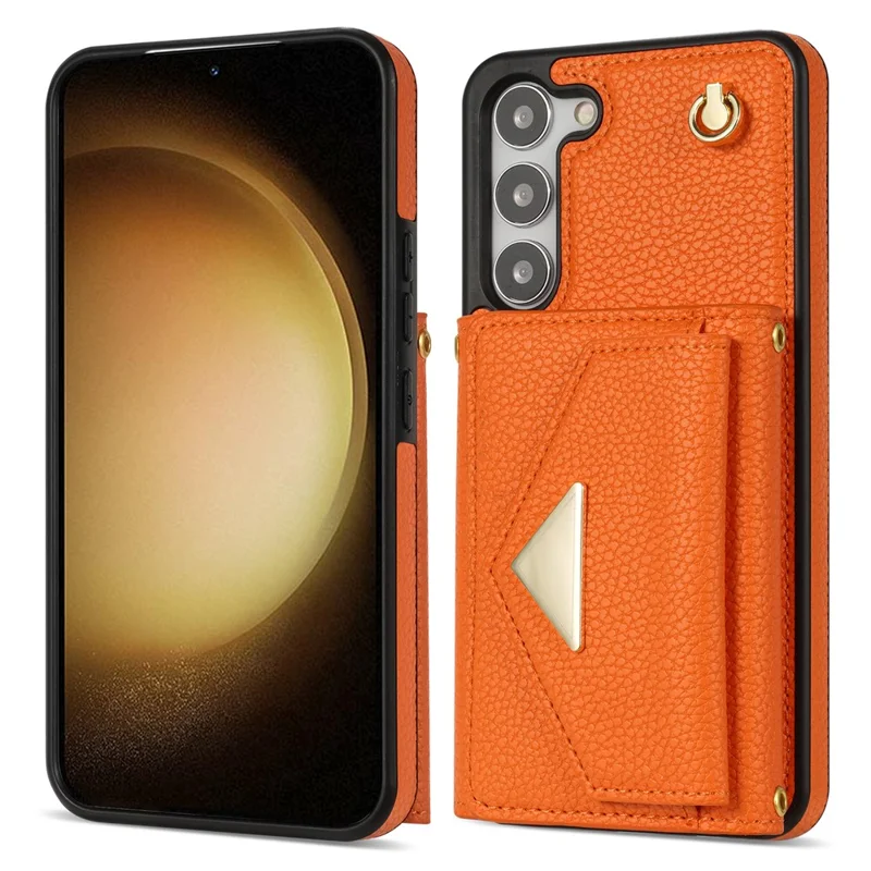 For Samsung Galaxy S24 Cell Phone Case Card Holder Leather+TPU Back Cover with Long Strap - Orange