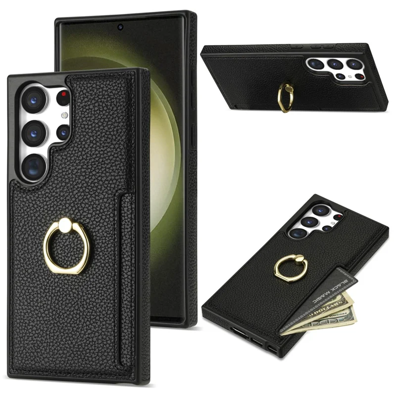Étui pour téléphone portable Samsung Galaxy S24 Ultra en cuir PU + support d'anneau en TPU - Noir