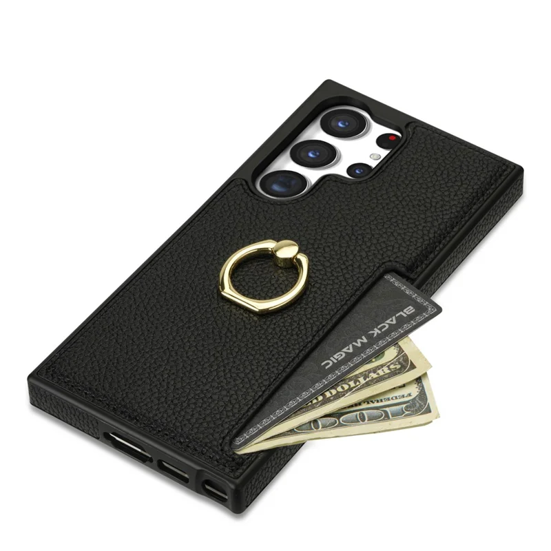 Étui pour téléphone portable Samsung Galaxy S24 Ultra en cuir PU + support d'anneau en TPU - Noir