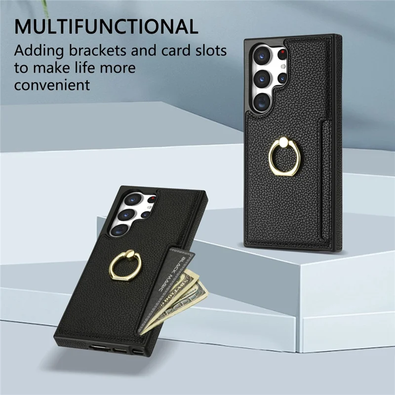 Étui pour téléphone portable Samsung Galaxy S24 Ultra en cuir PU + support d'anneau en TPU - Noir