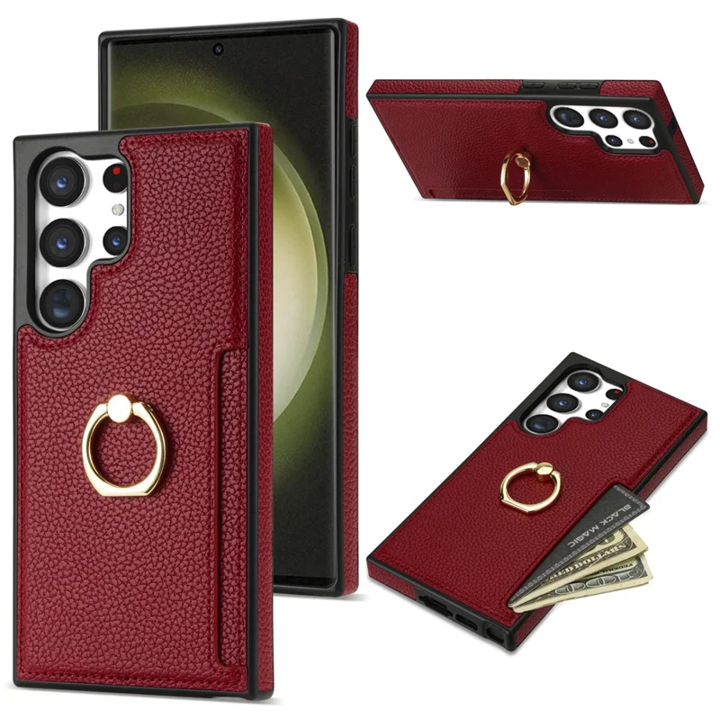 For Samsung Galaxy S24 Ultra Cell Phone Case PU Leather + TPU Ring Kickstand Cover - Red
