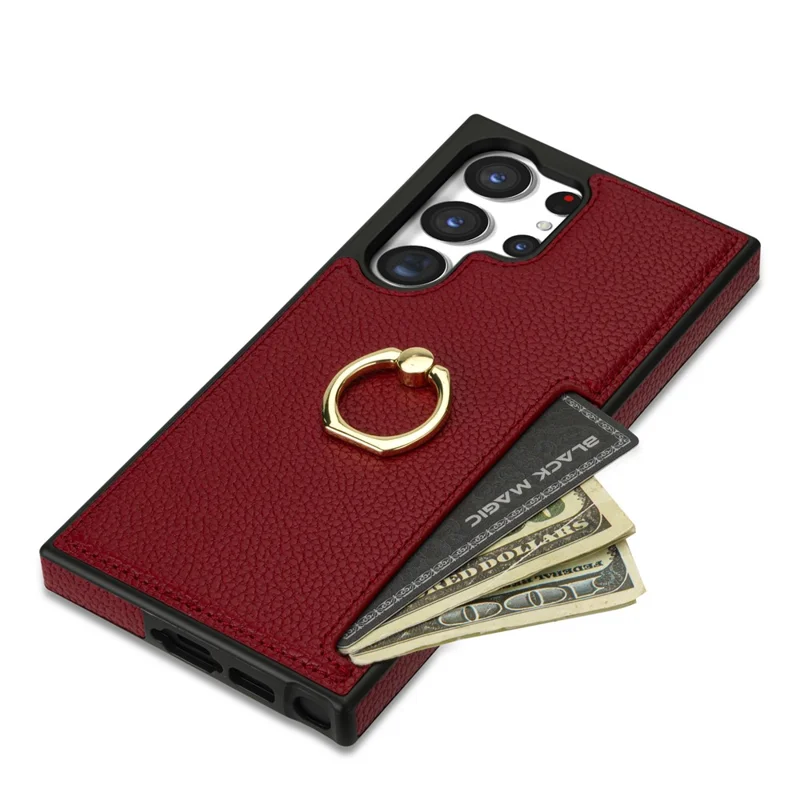 For Samsung Galaxy S24 Ultra Cell Phone Case PU Leather + TPU Ring Kickstand Cover - Red