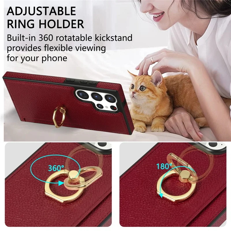 For Samsung Galaxy S24 Ultra Cell Phone Case PU Leather + TPU Ring Kickstand Cover - Red