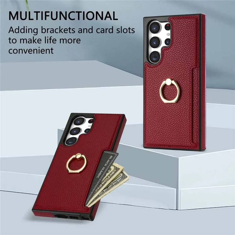 For Samsung Galaxy S24 Ultra Cell Phone Case PU Leather + TPU Ring Kickstand Cover - Red