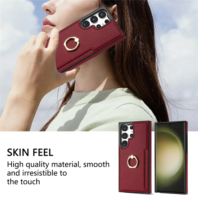For Samsung Galaxy S24 Ultra Cell Phone Case PU Leather + TPU Ring Kickstand Cover - Red