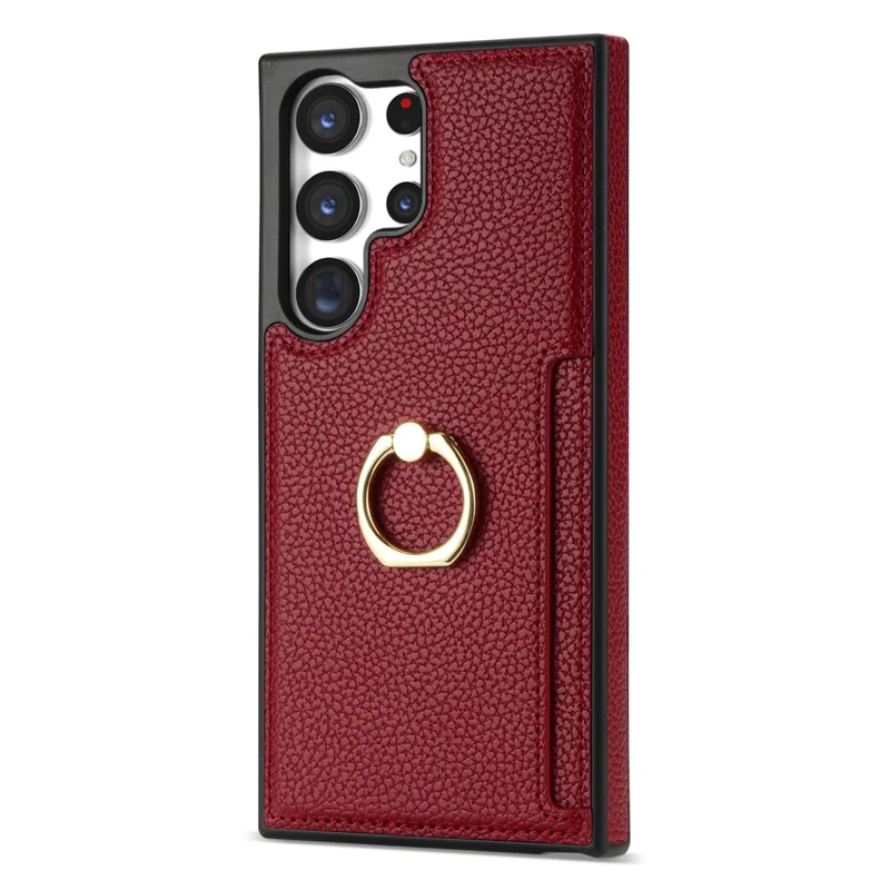For Samsung Galaxy S24 Ultra Cell Phone Case PU Leather + TPU Ring Kickstand Cover - Red