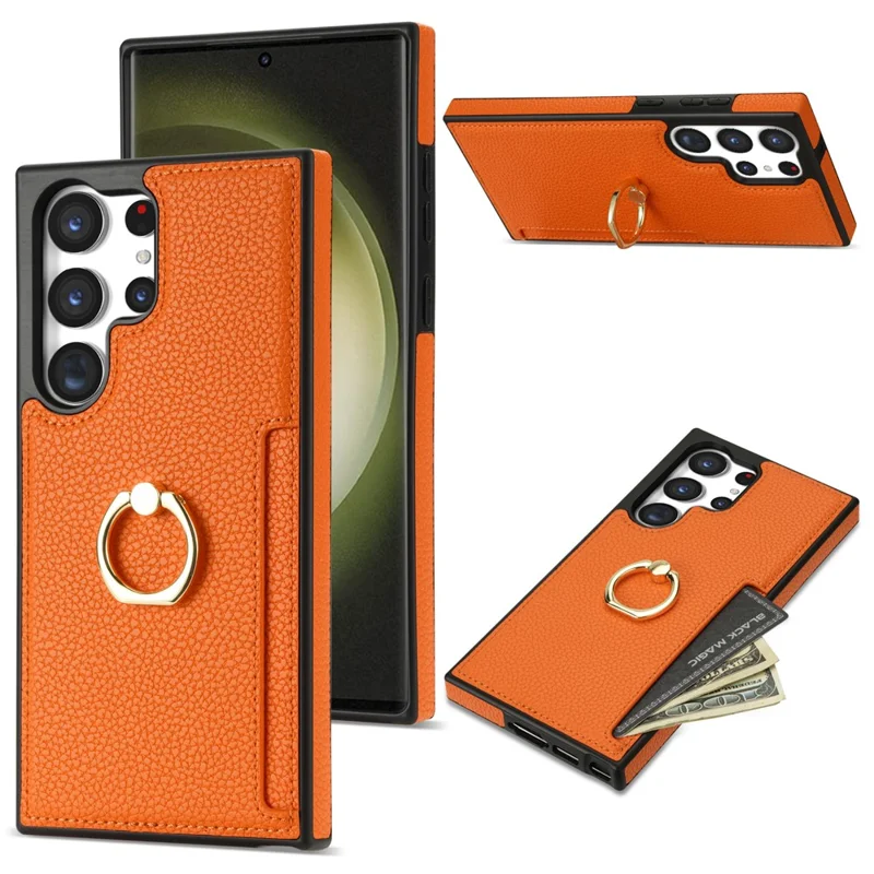 For Samsung Galaxy S24 Ultra Cell Phone Case PU Leather + TPU Ring Kickstand Cover - Orange
