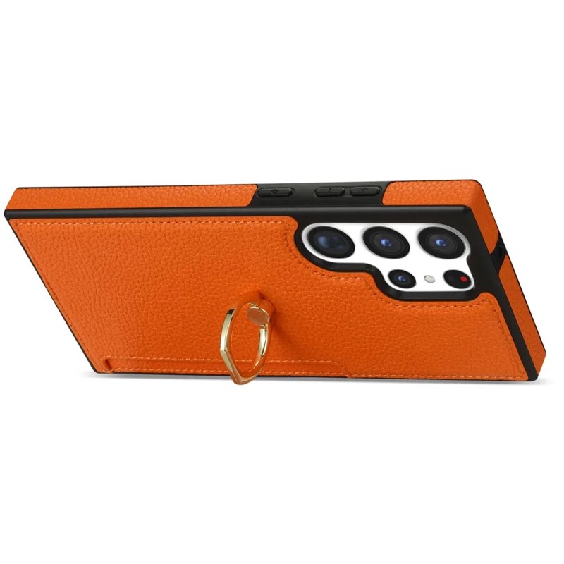 For Samsung Galaxy S24 Ultra Cell Phone Case PU Leather + TPU Ring Kickstand Cover - Orange