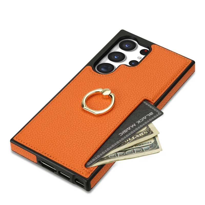For Samsung Galaxy S24 Ultra Cell Phone Case PU Leather + TPU Ring Kickstand Cover - Orange