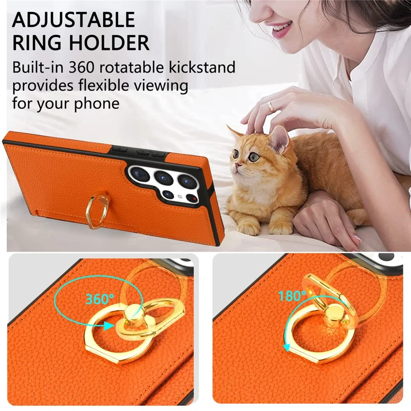 For Samsung Galaxy S24 Ultra Cell Phone Case PU Leather + TPU Ring Kickstand Cover - Orange