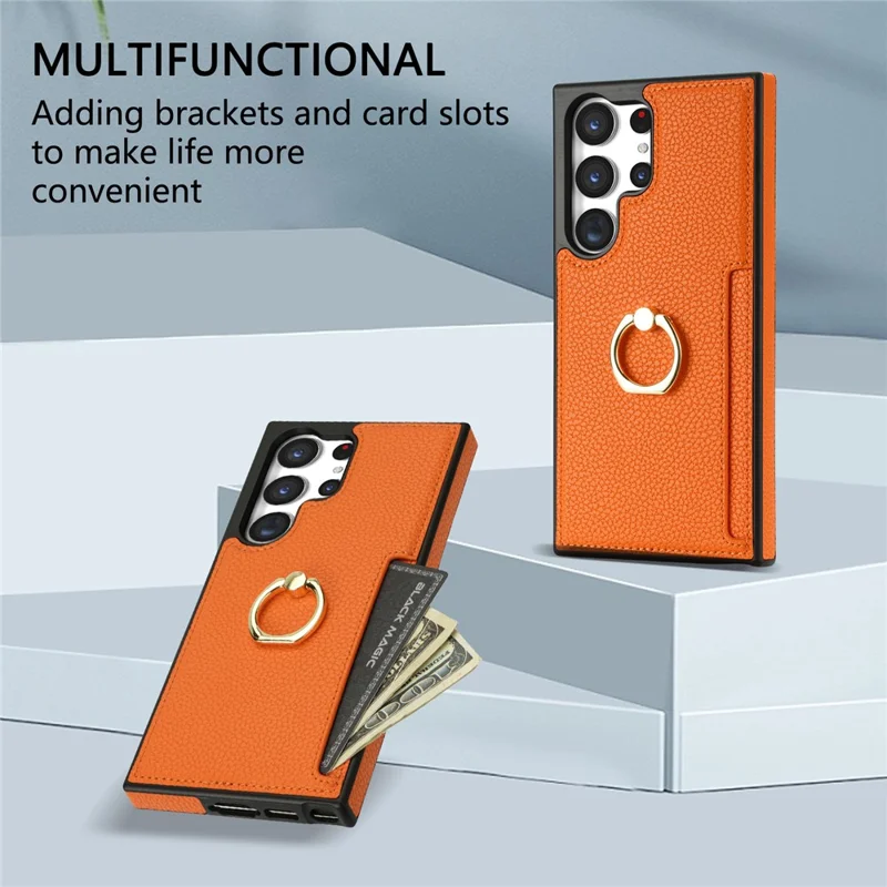 For Samsung Galaxy S24 Ultra Cell Phone Case PU Leather + TPU Ring Kickstand Cover - Orange