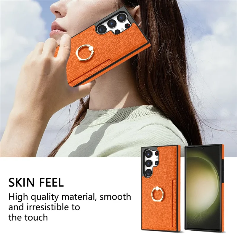 For Samsung Galaxy S24 Ultra Cell Phone Case PU Leather + TPU Ring Kickstand Cover - Orange