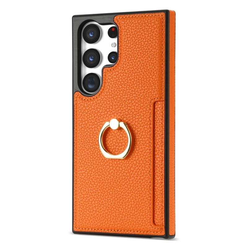 For Samsung Galaxy S24 Ultra Cell Phone Case PU Leather + TPU Ring Kickstand Cover - Orange