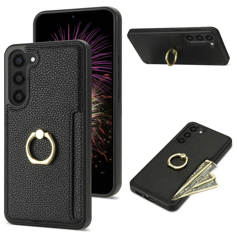 For Samsung Galaxy S24 Cell Phone Case PU Leather + TPU Card Holder Cover with Kickstand - Black