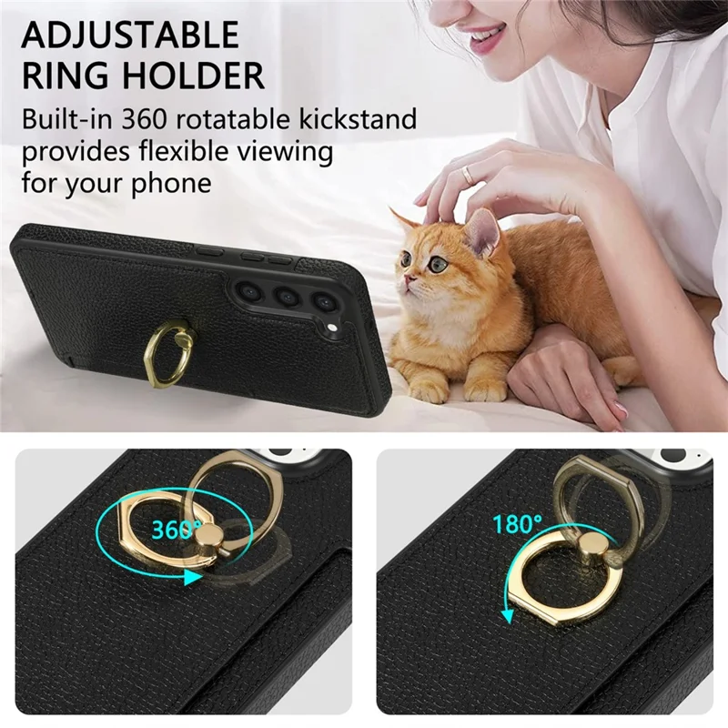 For Samsung Galaxy S24 Cell Phone Case PU Leather + TPU Card Holder Cover with Kickstand - Black