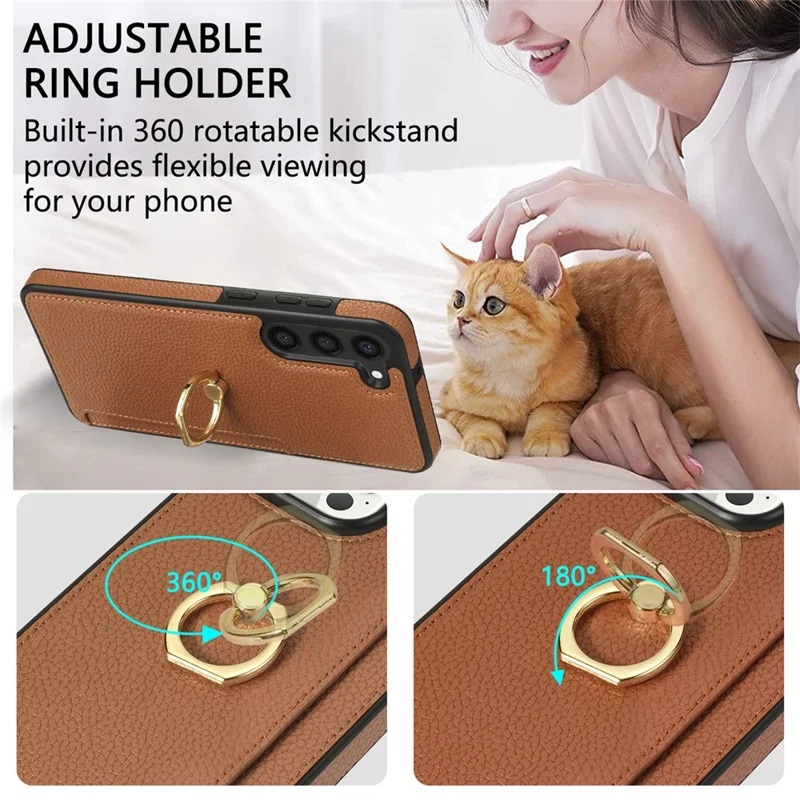 For Samsung Galaxy S24 Cell Phone Case PU Leather + TPU Card Holder Cover with Kickstand - Brown