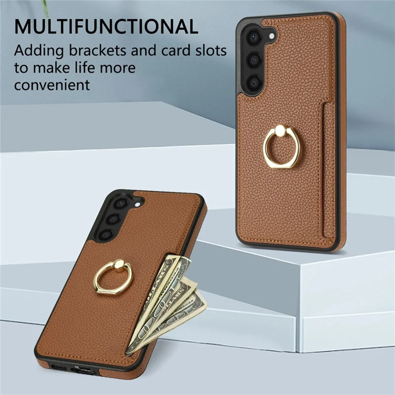For Samsung Galaxy S24 Cell Phone Case PU Leather + TPU Card Holder Cover with Kickstand - Brown