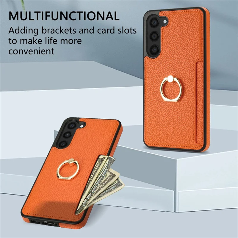 For Samsung Galaxy S24 Cell Phone Case PU Leather + TPU Card Holder Cover with Kickstand - Orange
