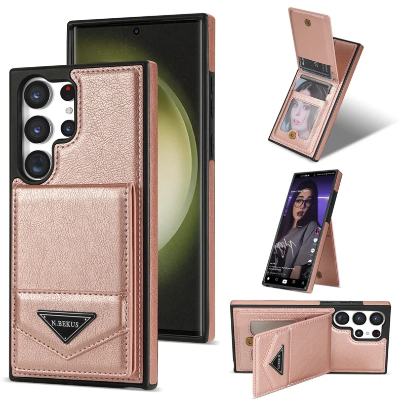 N.BEKUS For Samsung Galaxy S24 Ultra Case Leather+TPU  Vertical Flip Card Holder Cover - Pink