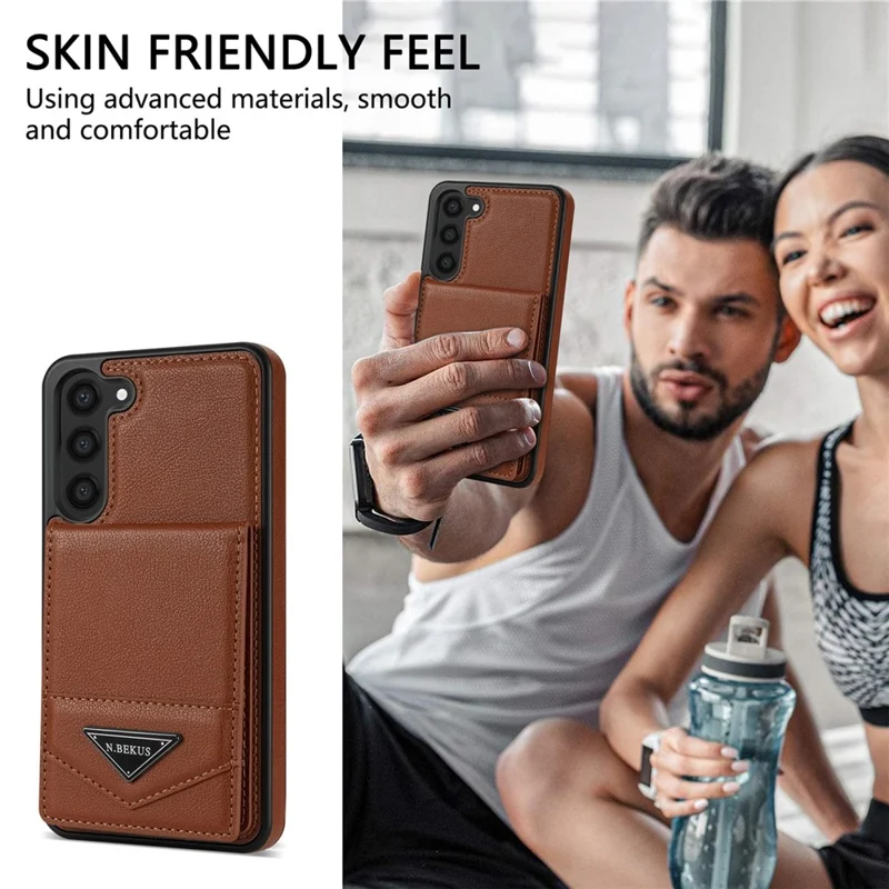 N.BEKUS For Samsung Galaxy S24+ Cell Phone Case Vertical Flip Card Holder Leather+TPU Cover - Brown