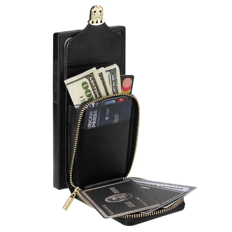 For Samsung Galaxy S24 Ultra Cell Phone Case Card Holder PU Leather + TPU Kickstand Cover - Black
