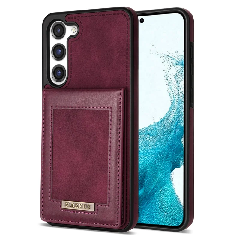 N.BEKUS For Samsung Galaxy S24 Kickstand Card Slots Case RFID Blocking Leather Back Cover - Wine Red