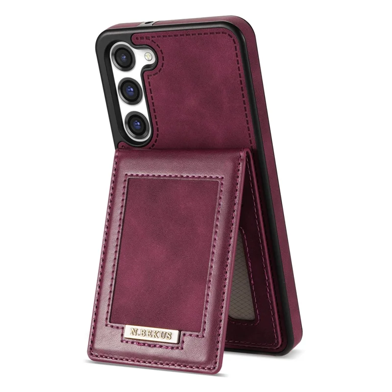 N.BEKUS For Samsung Galaxy S24 Kickstand Card Slots Case RFID Blocking Leather Back Cover - Wine Red