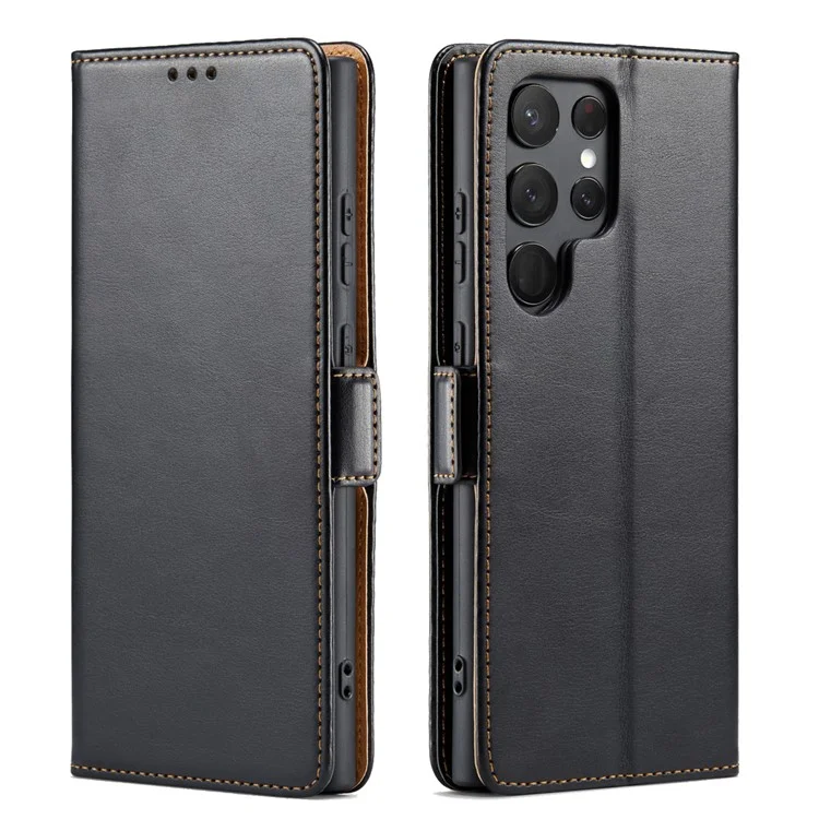 FIERRE SHANN Pour Samsung Galaxy S24 Ultra Étui Anti-chute Cuir Stand Portefeuille Housse Protective - Noir