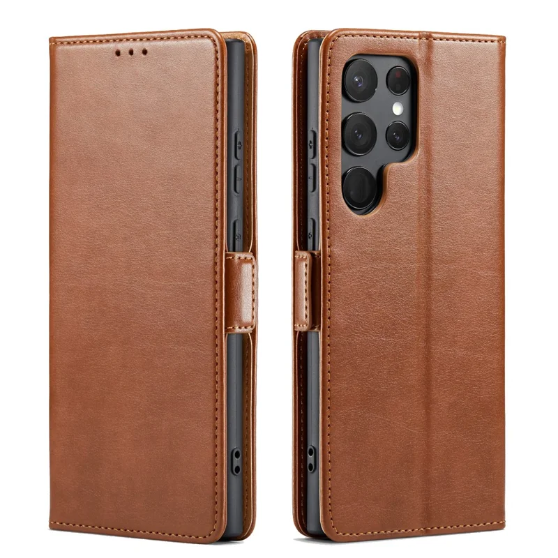FIERRE SHANN For Samsung Galaxy S24 Ultra Case Anti-fall Leather Stand Wallet Protective Cover - Brown