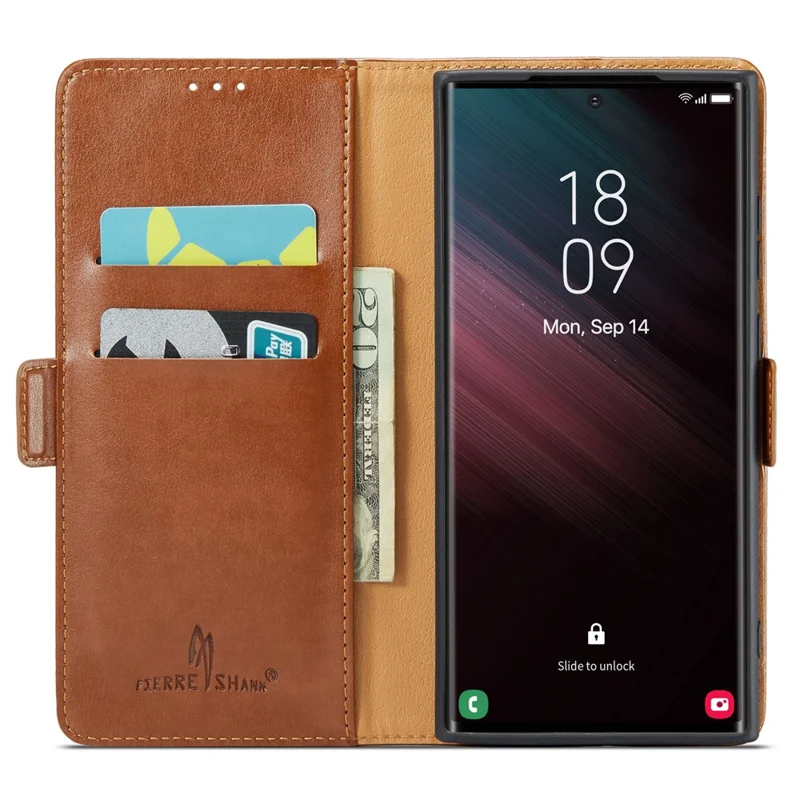FIERRE SHANN For Samsung Galaxy S24 Ultra Case Anti-fall Leather Stand Wallet Protective Cover - Brown