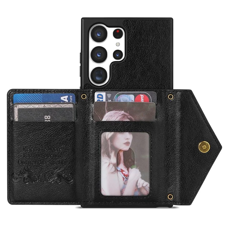 N.BEKUS Para Samsung Galaxy S24 Ultra Capa de Telefone Zipper Card Holder Cover com Alça de Ombro - Preto