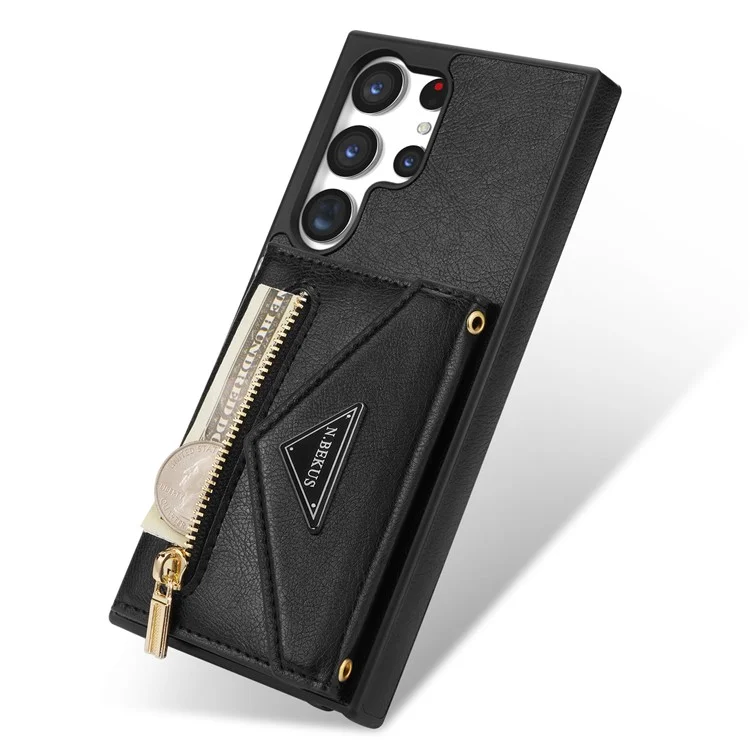 N.BEKUS Para Samsung Galaxy S24 Ultra Capa de Telefone Zipper Card Holder Cover com Alça de Ombro - Preto