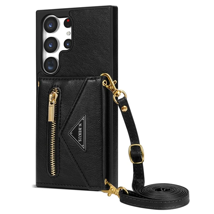 N.BEKUS Para Samsung Galaxy S24 Ultra Capa de Telefone Zipper Card Holder Cover com Alça de Ombro - Preto