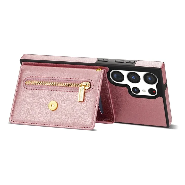 N.BEKUS For Samsung Galaxy S24 Ultra Phone Case Zipper Card Holder Cover with Shoulder Strap - Pink