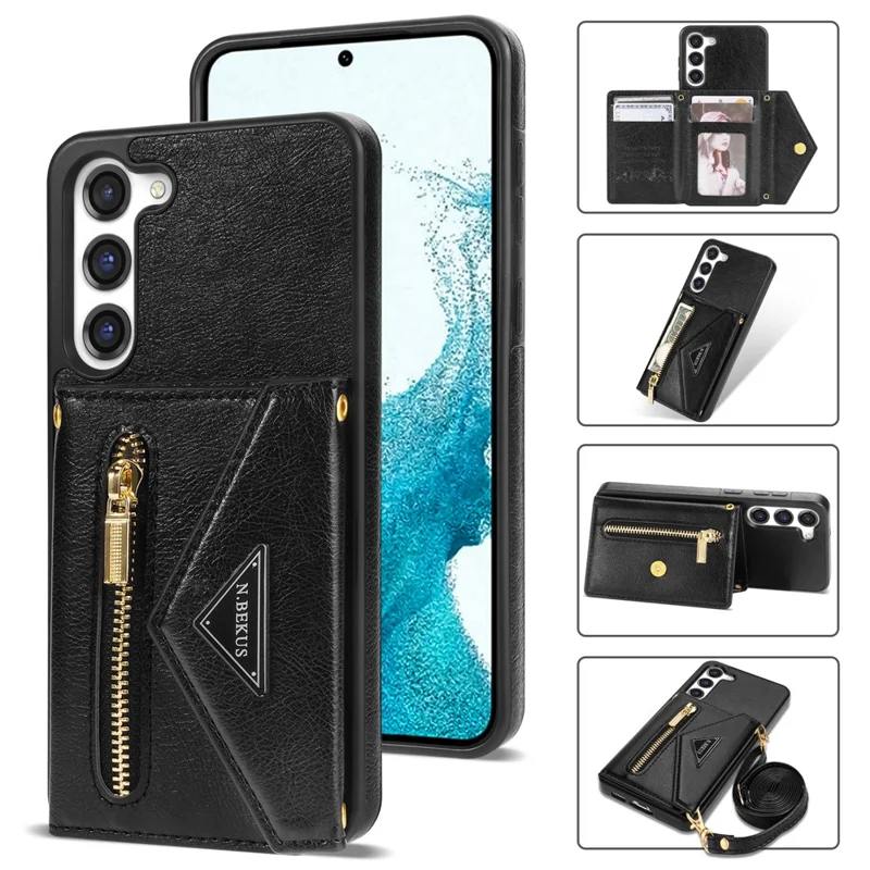 N.BEKUS For Samsung Galaxy S24+ Leather Zipper Case Card Holder Phone Cover with Shoulder Strap - Black