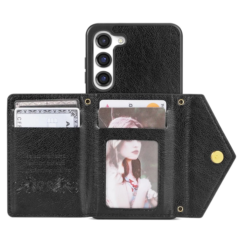 N.BEKUS For Samsung Galaxy S24+ Leather Zipper Case Card Holder Phone Cover with Shoulder Strap - Black