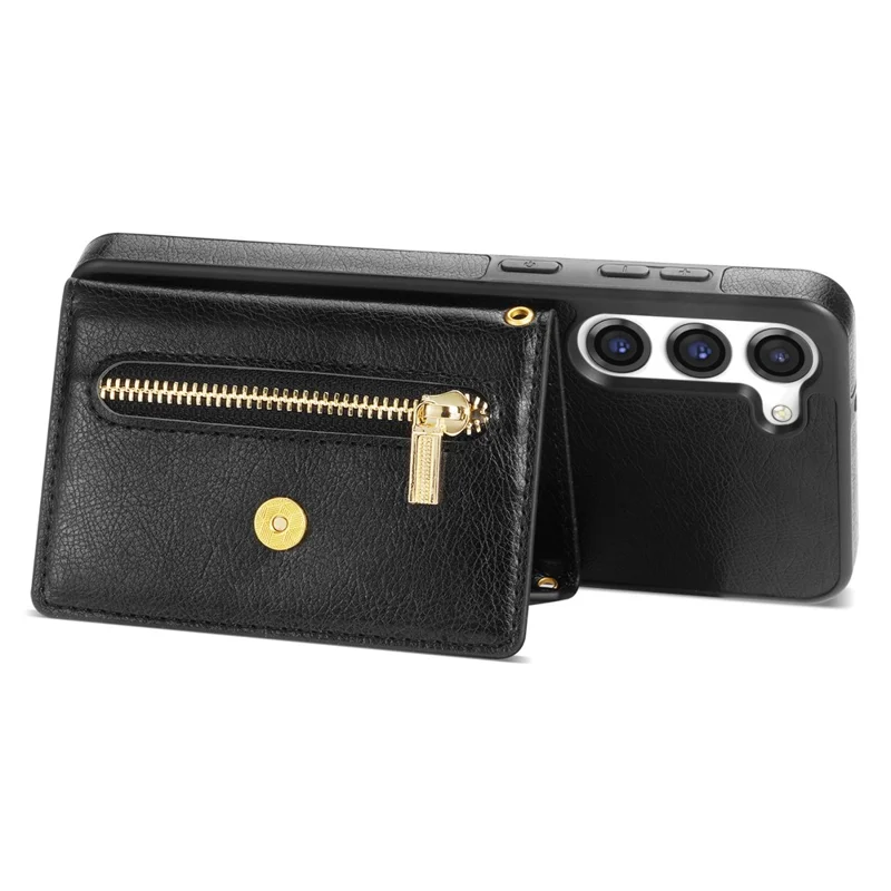 N.BEKUS For Samsung Galaxy S24+ Leather Zipper Case Card Holder Phone Cover with Shoulder Strap - Black