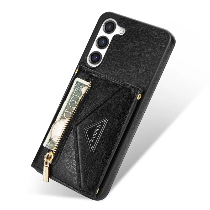 N.BEKUS For Samsung Galaxy S24+ Leather Zipper Case Card Holder Phone Cover with Shoulder Strap - Black