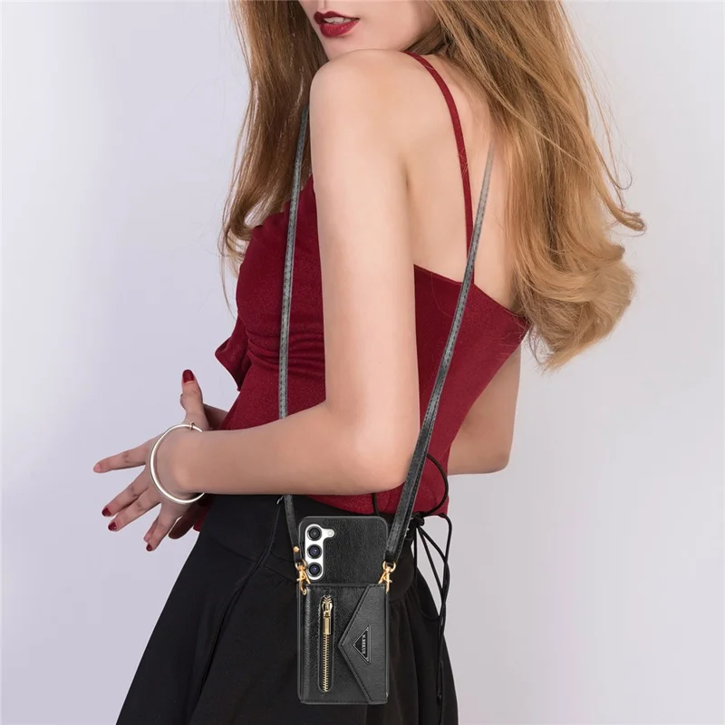 N.BEKUS For Samsung Galaxy S24+ Leather Zipper Case Card Holder Phone Cover with Shoulder Strap - Black