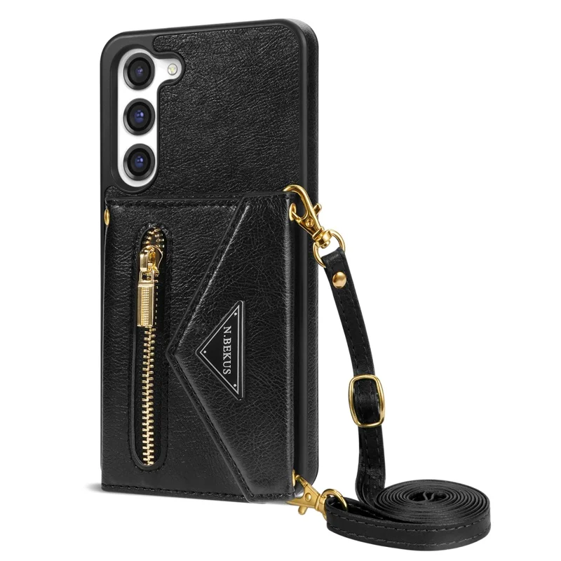 N.BEKUS For Samsung Galaxy S24+ Leather Zipper Case Card Holder Phone Cover with Shoulder Strap - Black