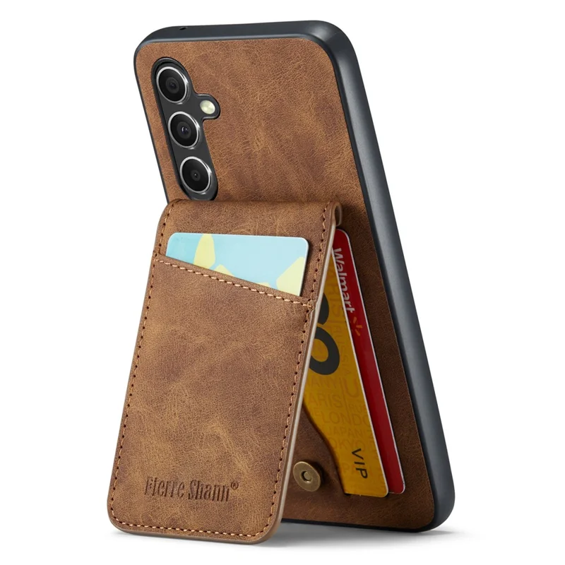FIERRE SHANN For Samsung Galaxy S23 FE Case PU Leather+TPU Phone Cover with Card Holder - Brown