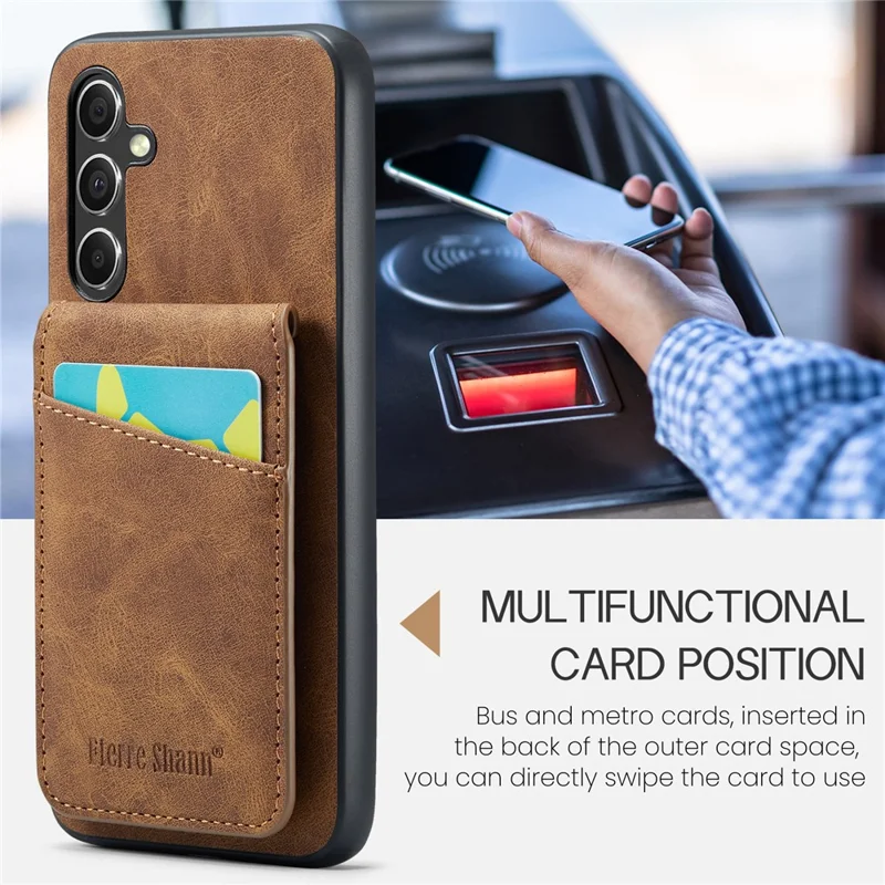FIERRE SHANN For Samsung Galaxy S23 FE Case PU Leather+TPU Phone Cover with Card Holder - Brown