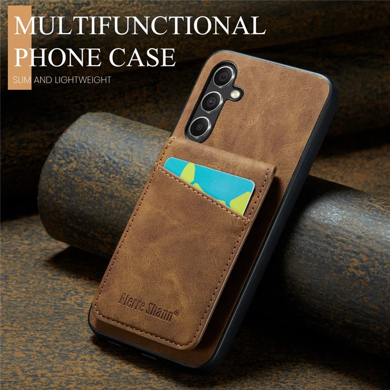 FIERRE SHANN For Samsung Galaxy S23 FE Case PU Leather+TPU Phone Cover with Card Holder - Brown