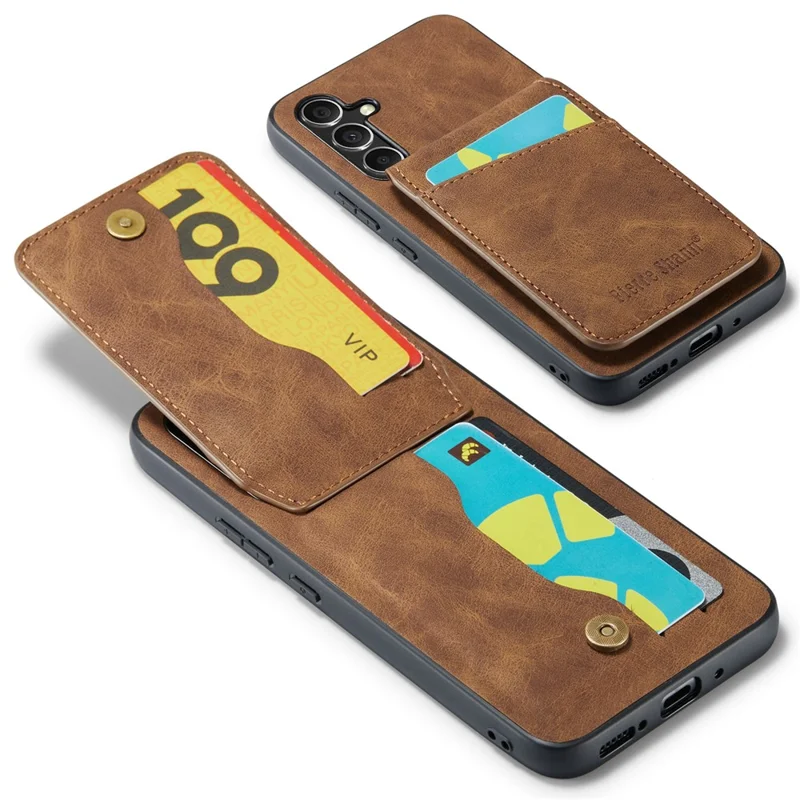 FIERRE SHANN For Samsung Galaxy S23 FE Case PU Leather+TPU Phone Cover with Card Holder - Brown